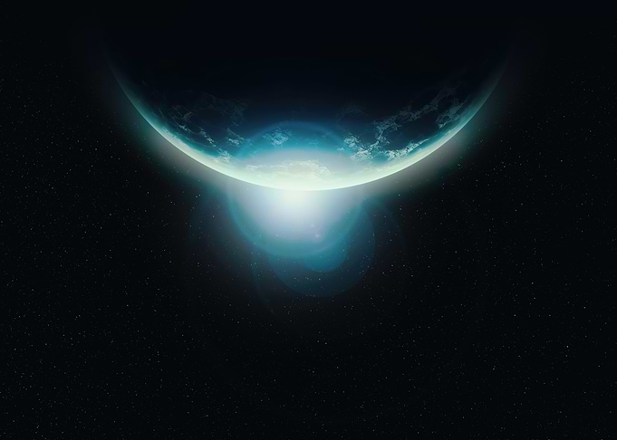 Planet with Rising Sun in Space