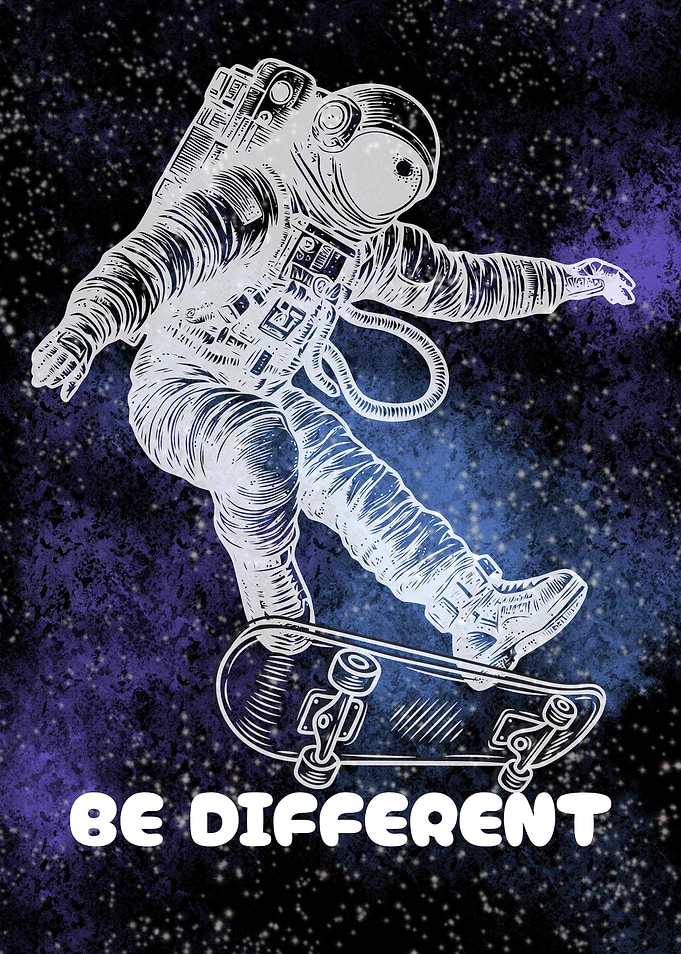 Be Different – Cosmic Astronaut Skateboarding Through Space | Galaxy Skate Art Metal Poster