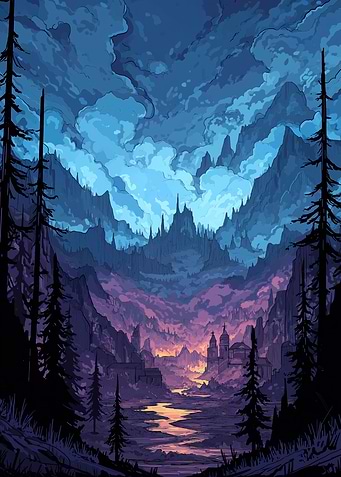 Mountain Valley Landscape with Distant City