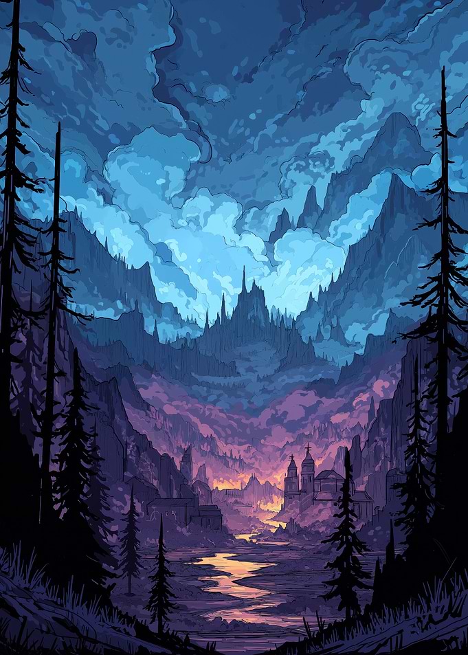 Mountain Valley Landscape with Distant City