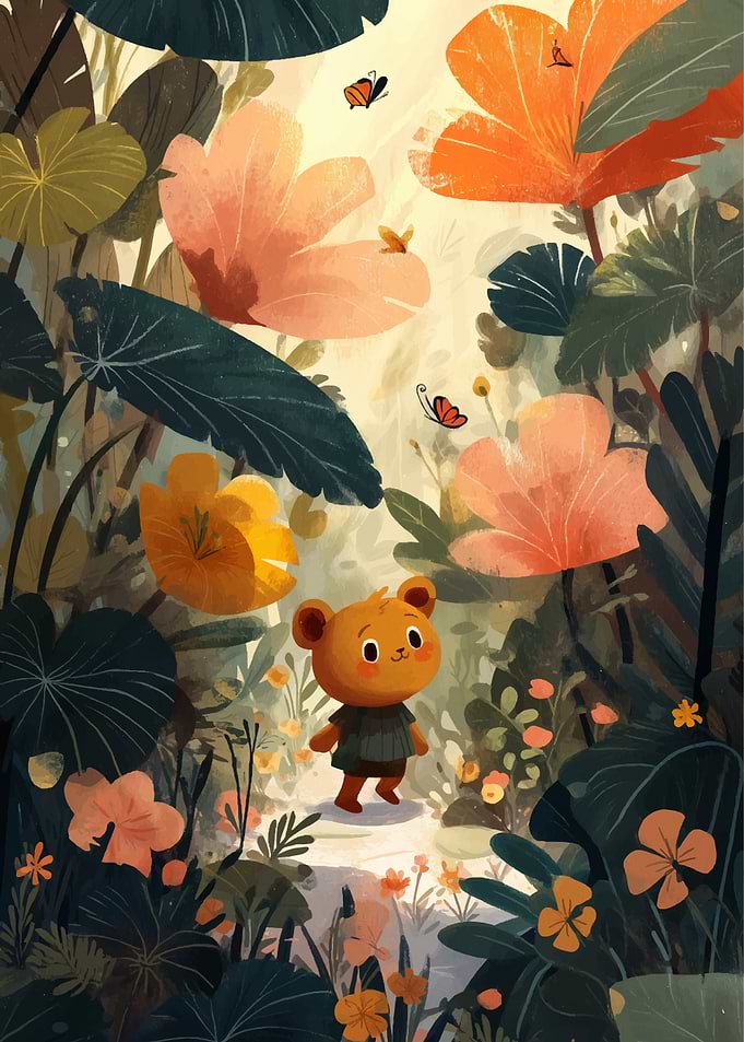 Cartoon Bear in Floral Landscape