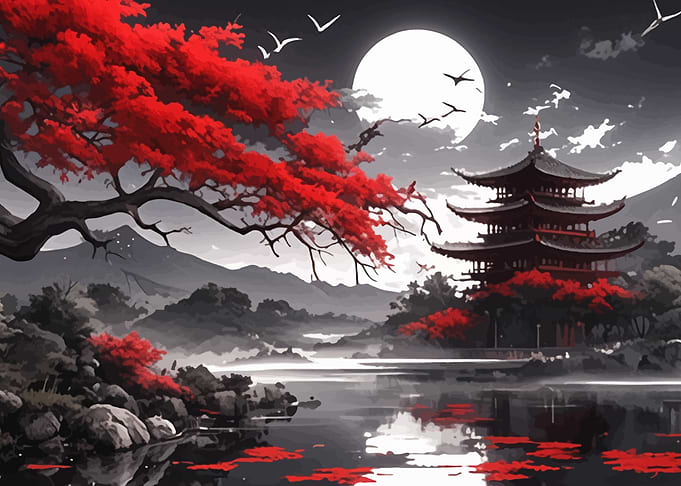 Japanese Pagoda with Red Maple Tree