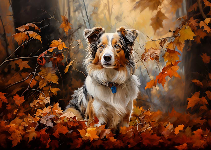 Australian Shepherd in Autumn Leaves