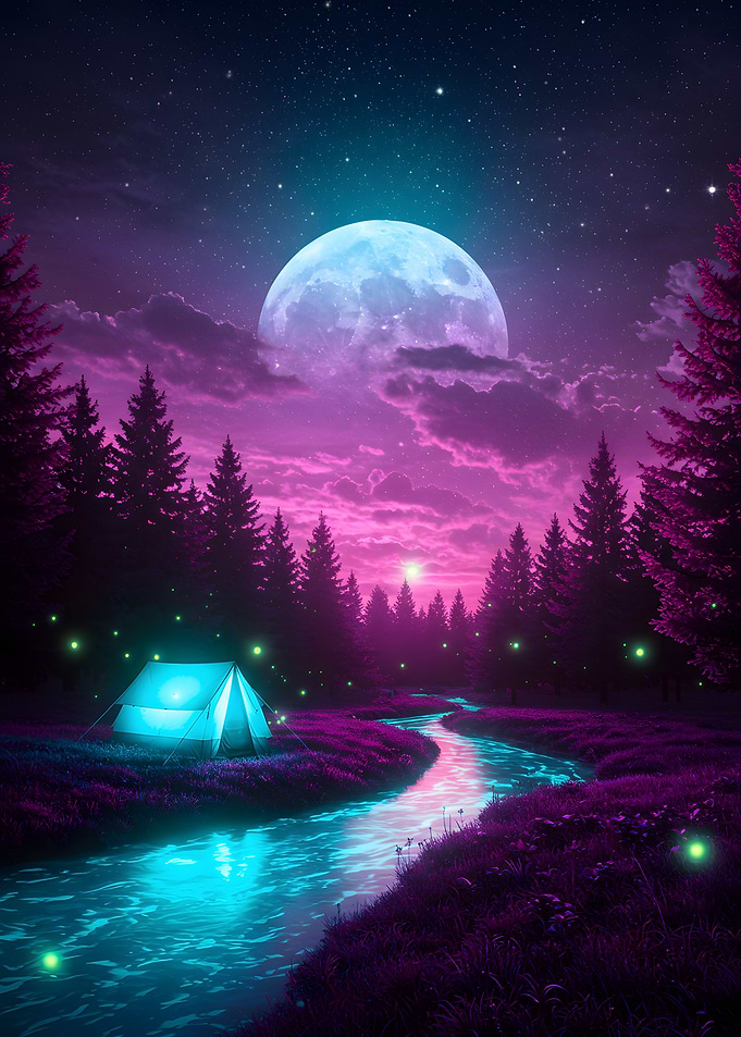 Neon Camping Under the Moon