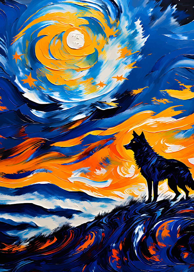 Wolf howling at the moon painting