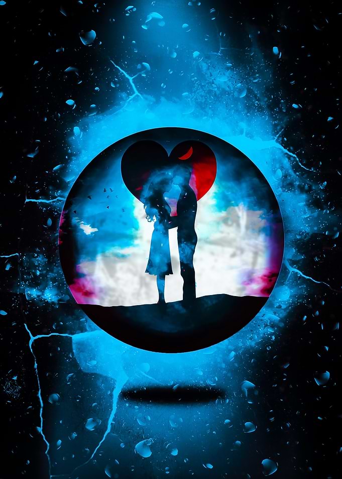 Silhouette Couple in Heart with Blue Aura