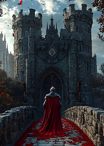 Knight at Castle Entrance with Red Cloak