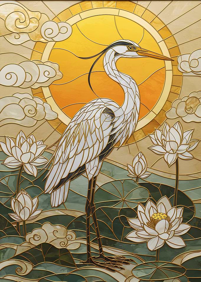 Stained Glass Heron and Lotus Flowers