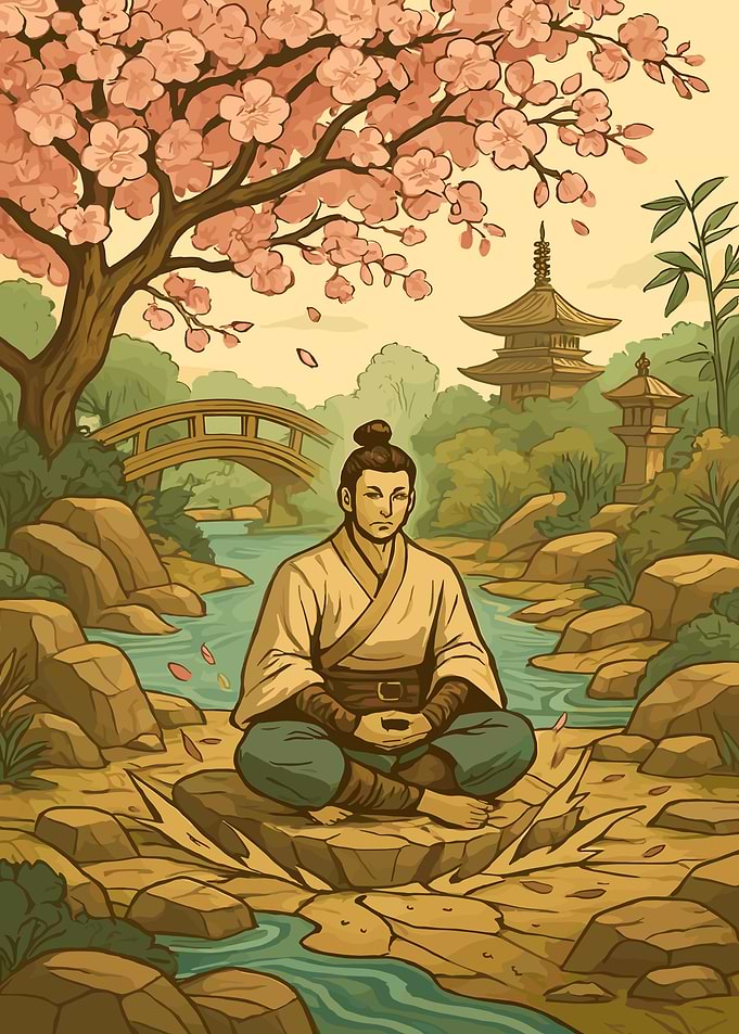 Meditating Man in Japanese Garden