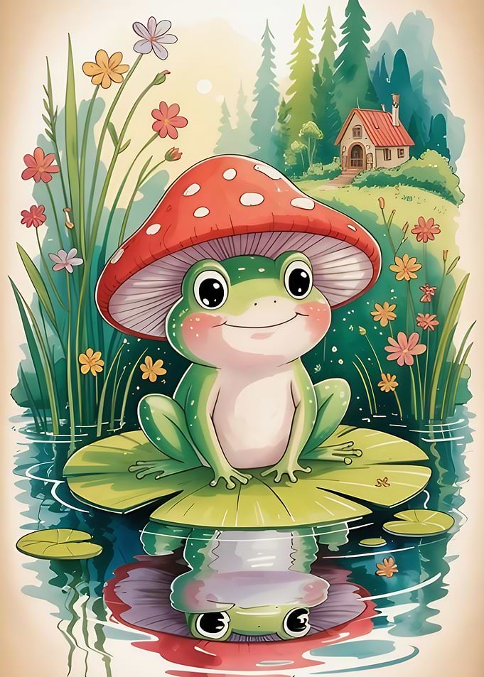 Frog under Mushroom on Lily Pad