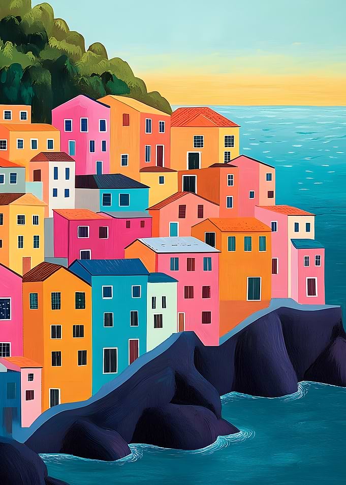 Colorful Coastal Italy Village Painting