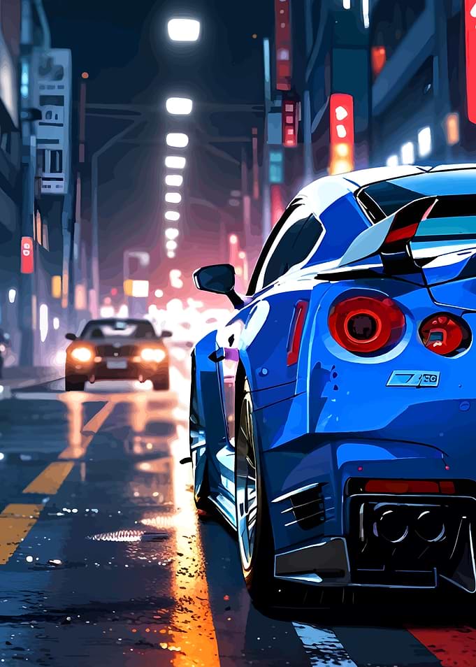 Blue Sports Car on City Street