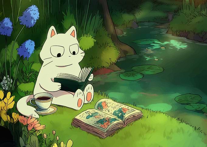 Cat Reading by the Pond