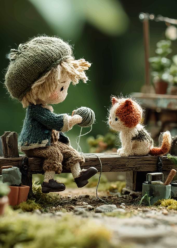 Knitted Boy with Cat on Bench