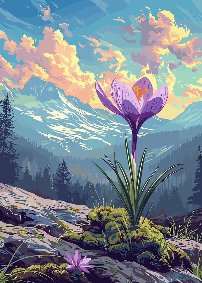Crocus Flower in Mountain Landscape