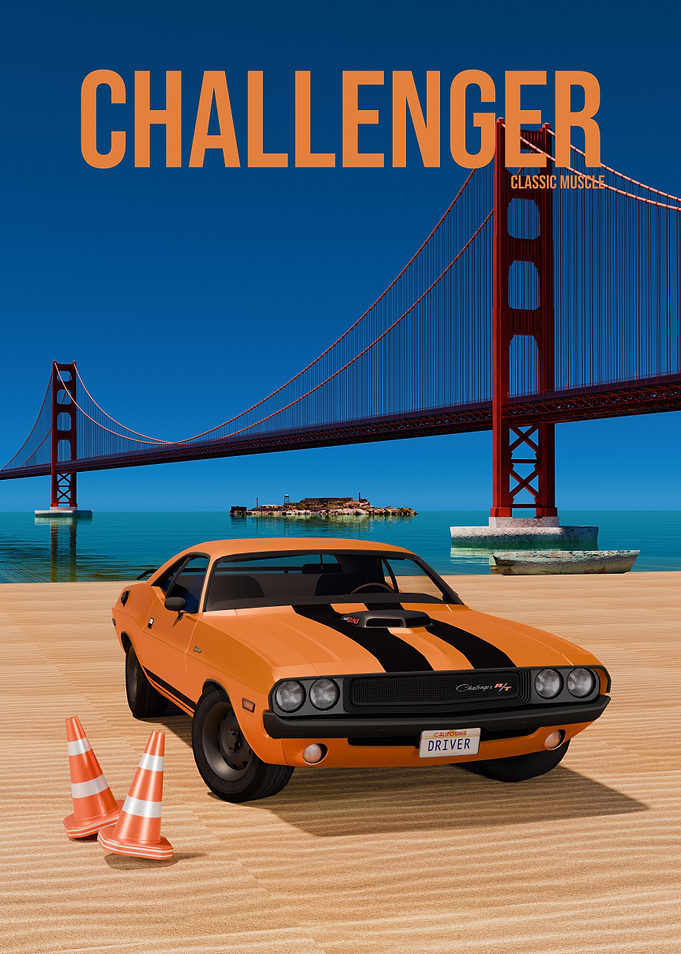Orange Dodge Challenger Classic Muscle Car Poster