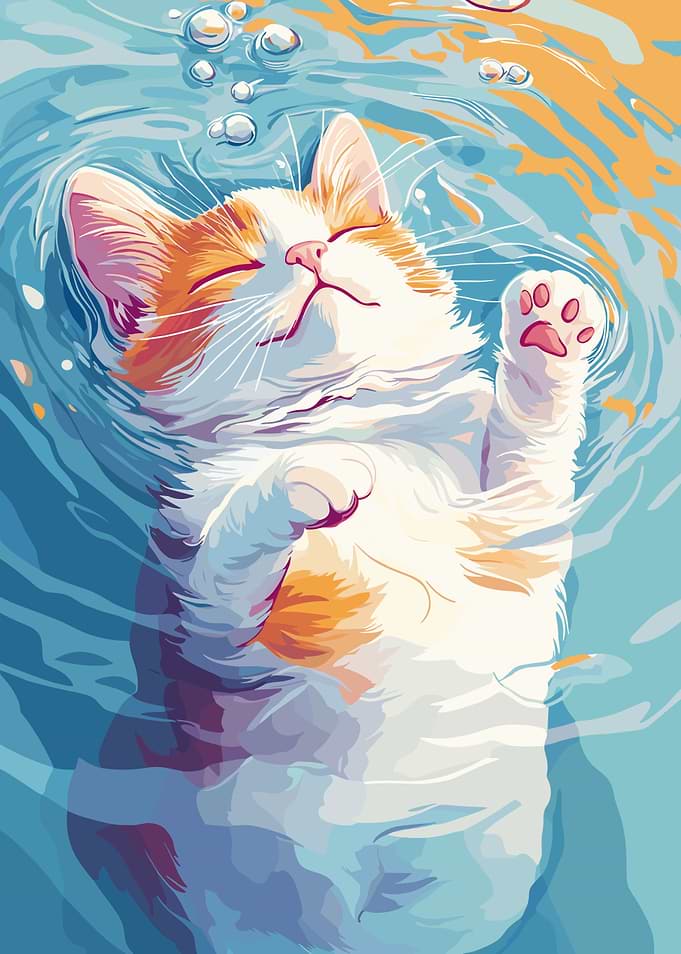 Cat Floating in Water Illustration