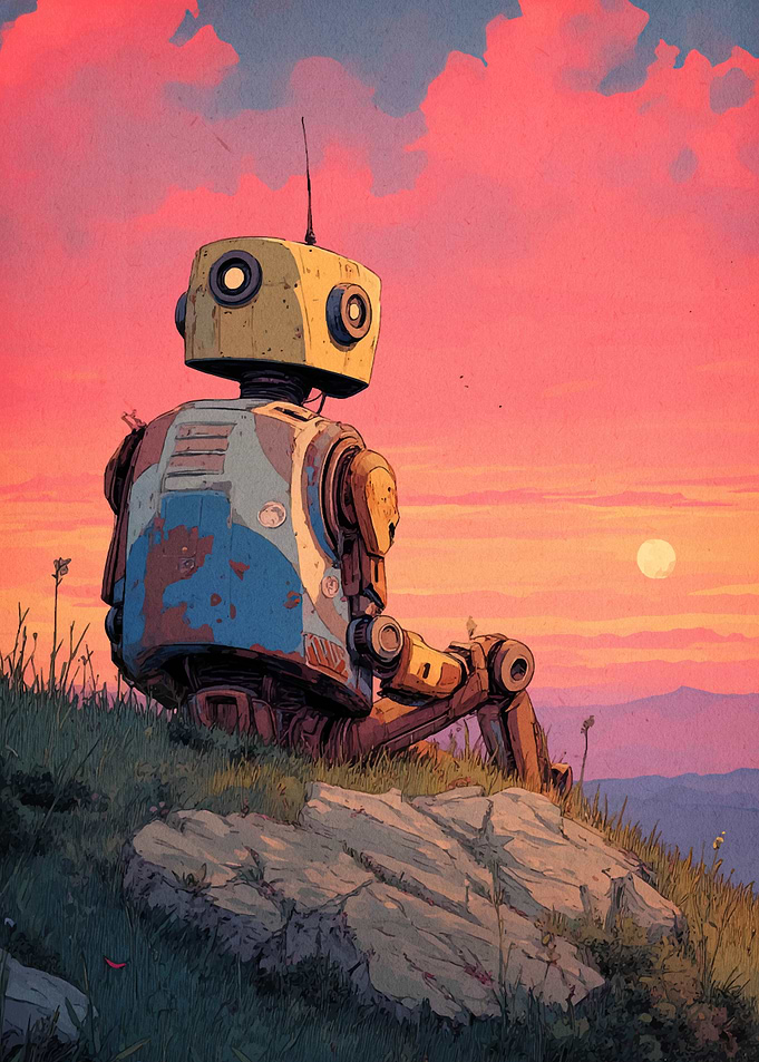Robot Contemplating Sunset Landscape
