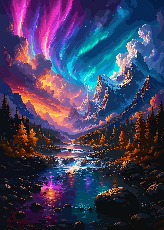 Colorful Aurora Over Mountain River Landscape