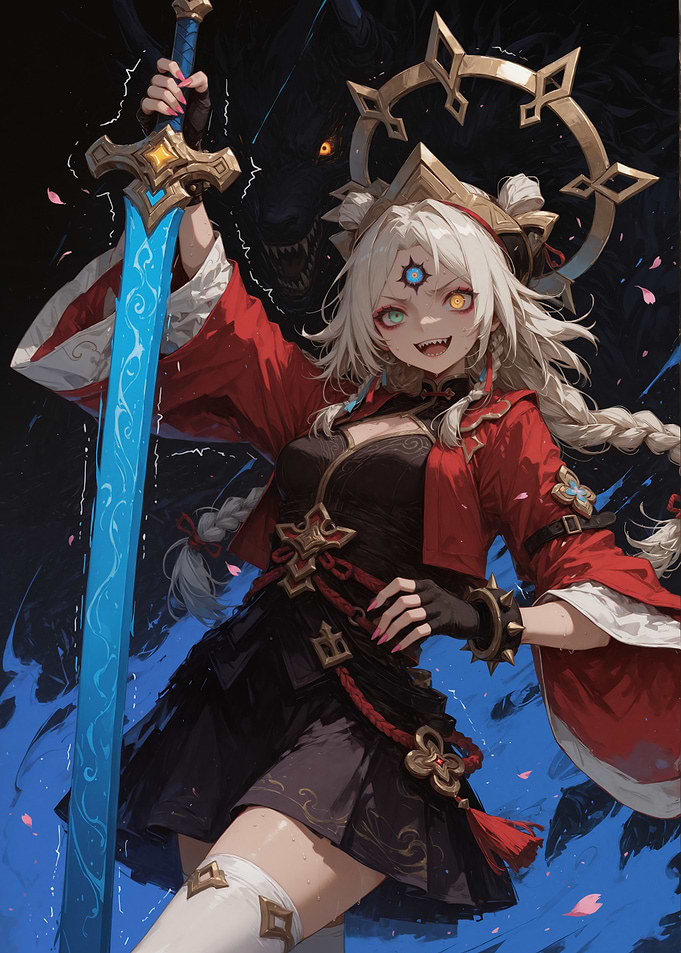 Anime Girl with Sword and Dark Beast