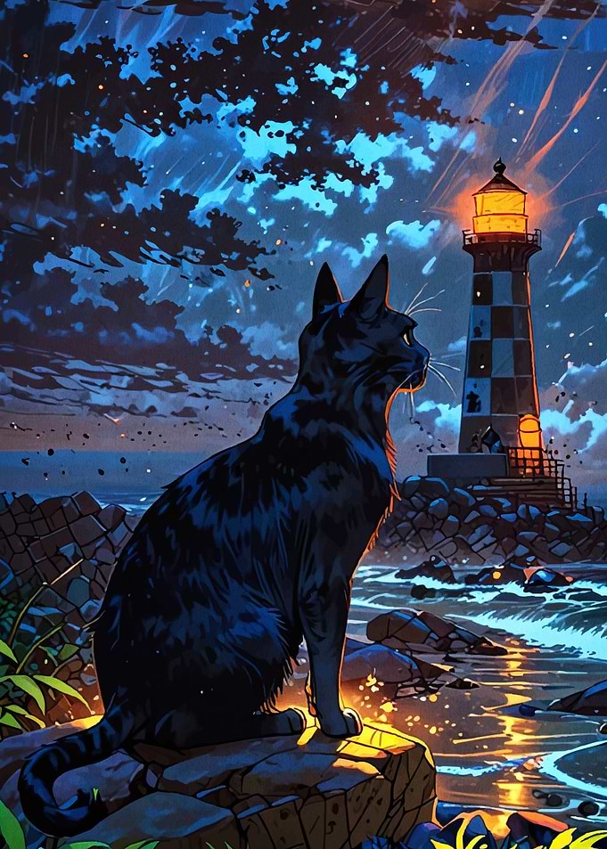 Cat Lighthouse Night