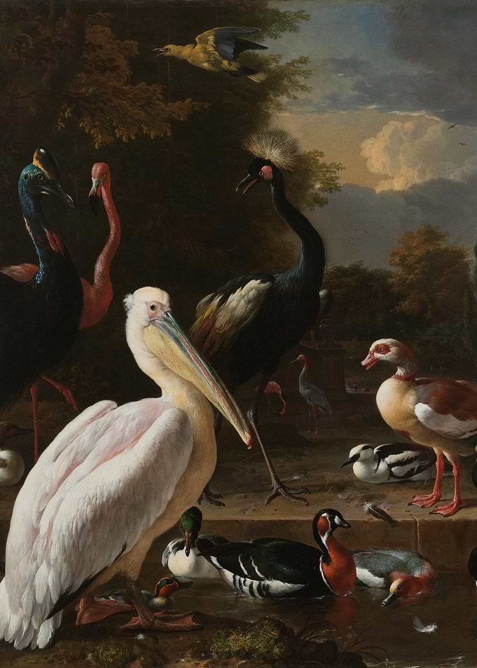 Exotic Birds in a Landscape Painting