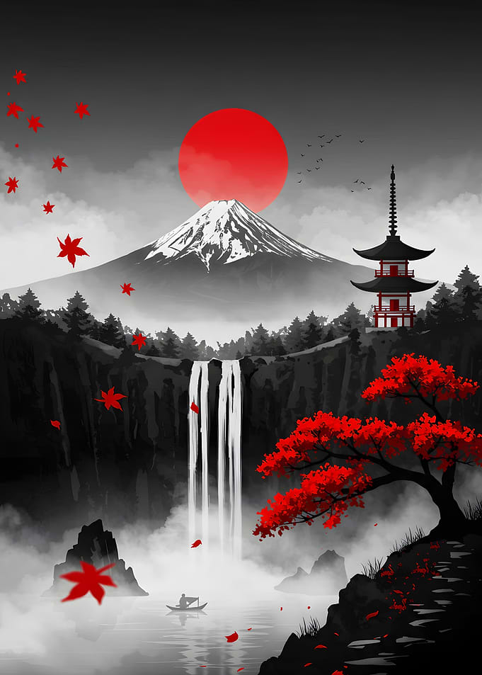 Japanese Landscape with Mount Fuji and Pagoda