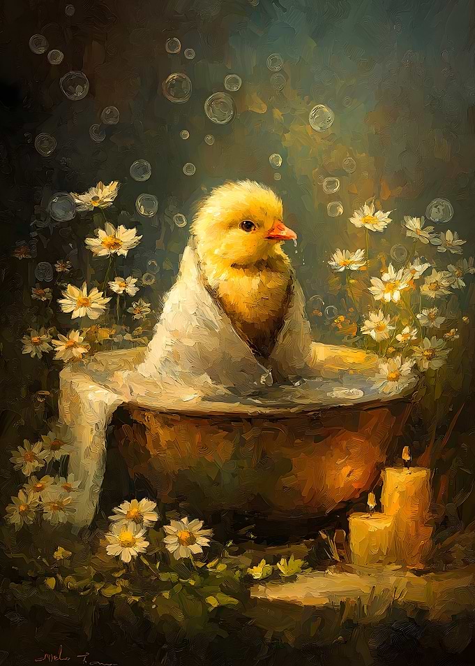Chick in Bath with Daisies