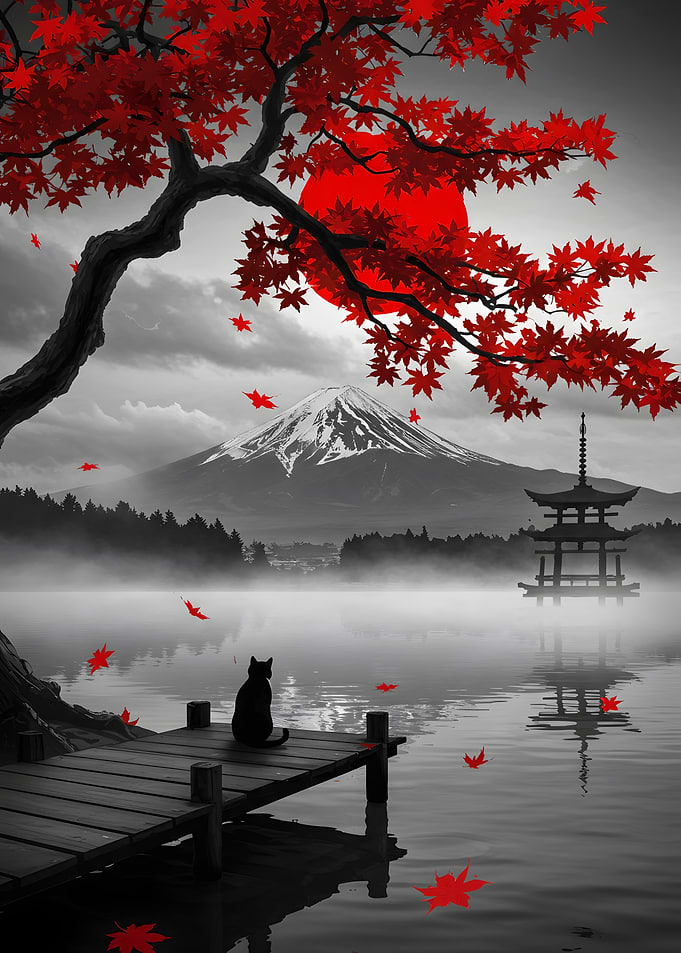 Japanese Landscape with Cat and Red Leaves