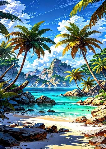 Tropical Beach Paradise with Palm Trees