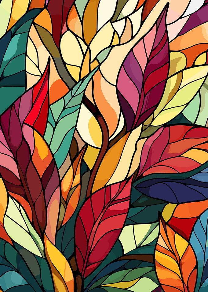 Colorful Leaves Stained Glass Style