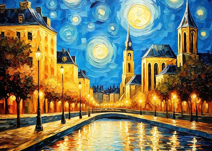 Cityscape Painting with Starry Night Sky
