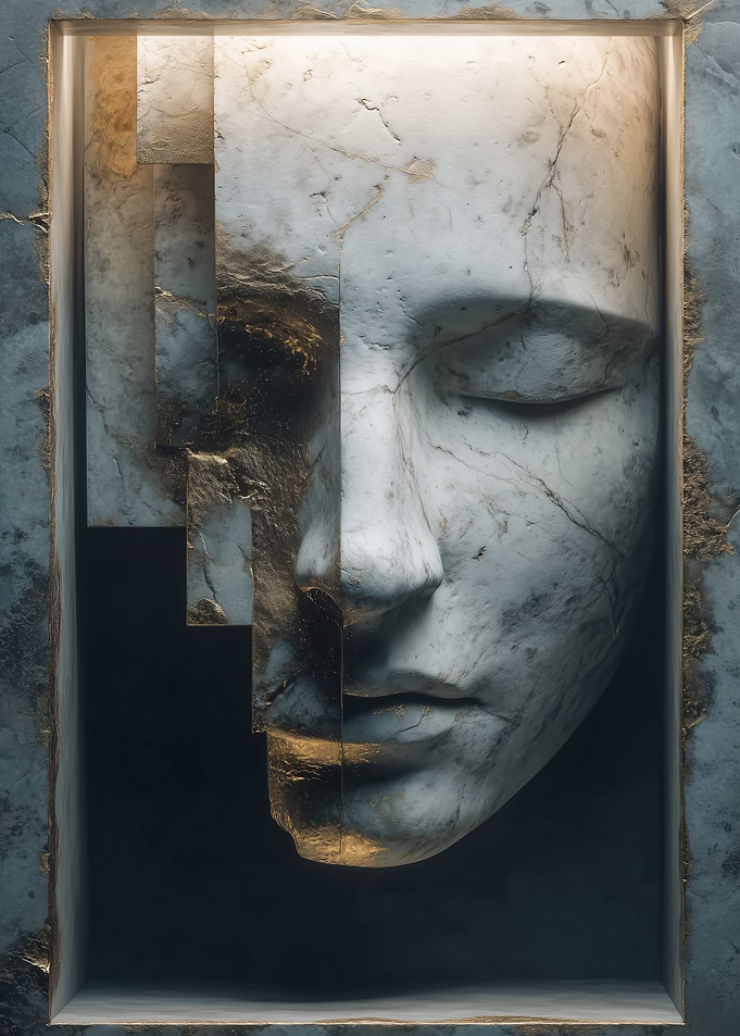Marble Face Sculpture with Geometric Cuts