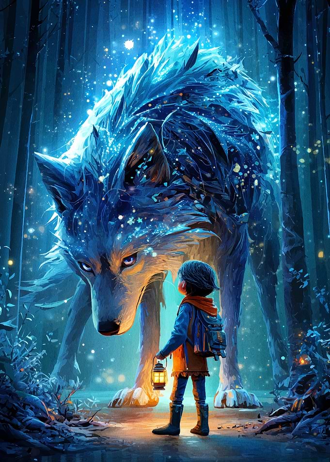 Boy and Giant Wolf in Forest