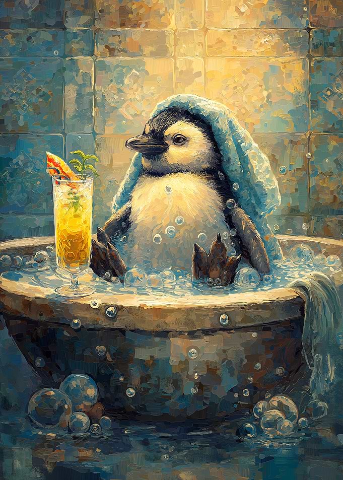 Penguin in Tub with Cocktail Painting