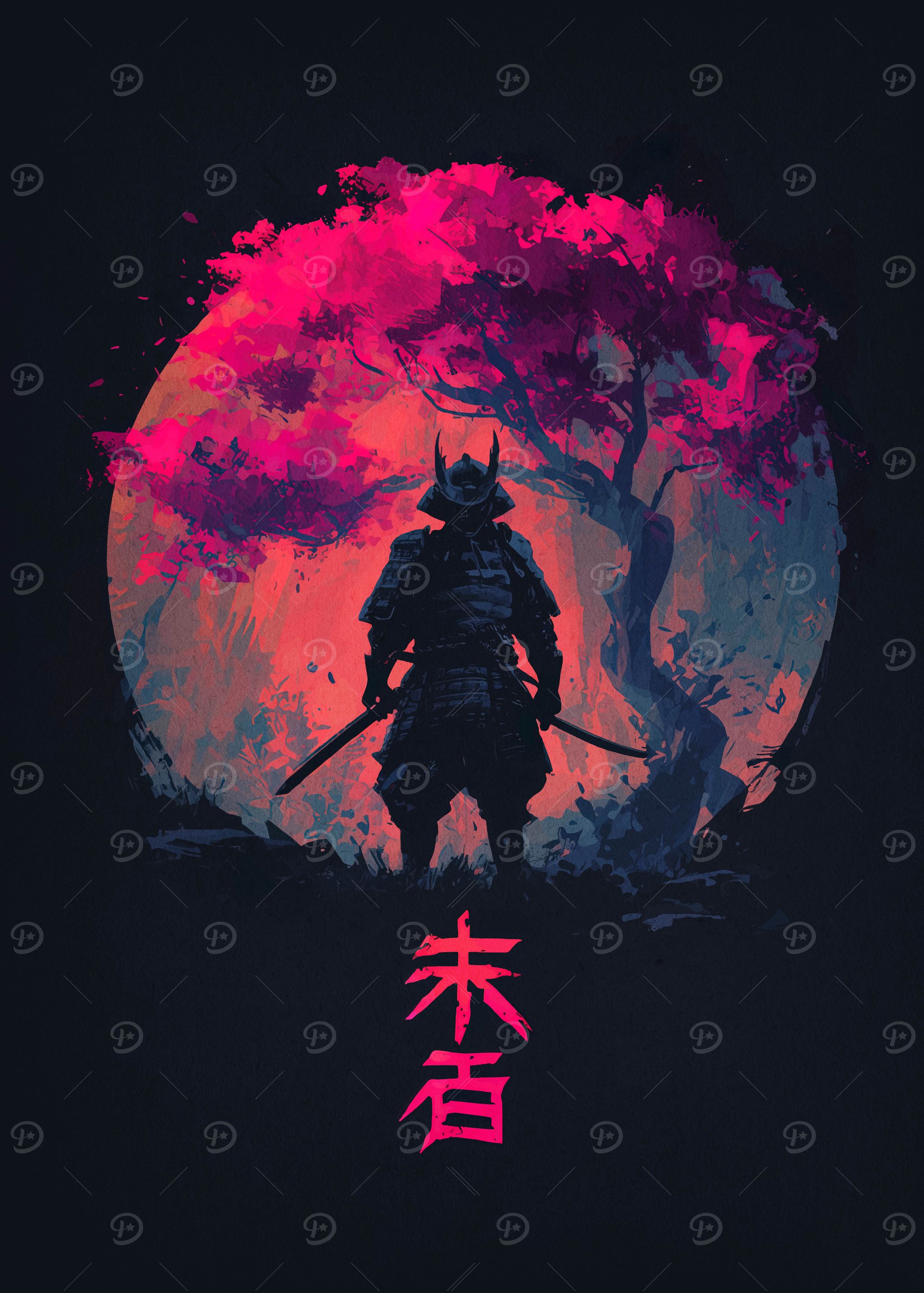 Samurai Warrior with Cherry Blossom Tree