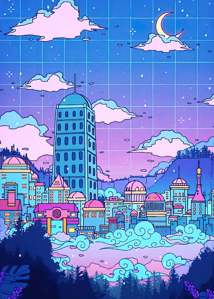 Pastel Cityscape Moon Clouds