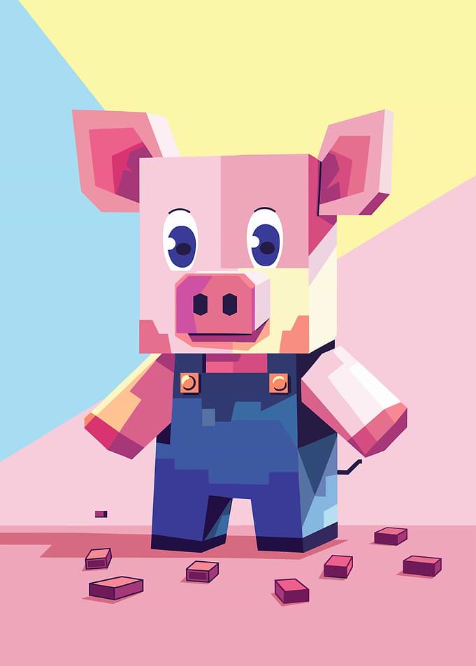 Blocky Pig in Overalls Illustration