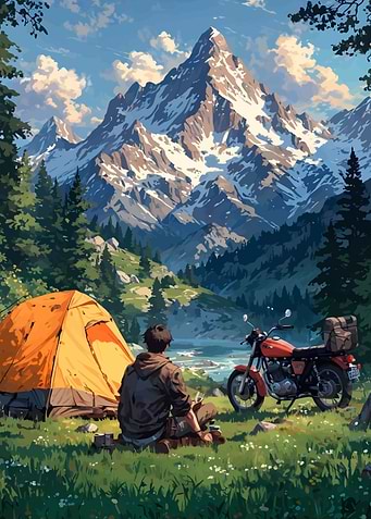 Camping with Motorcycle in Mountain Landscape