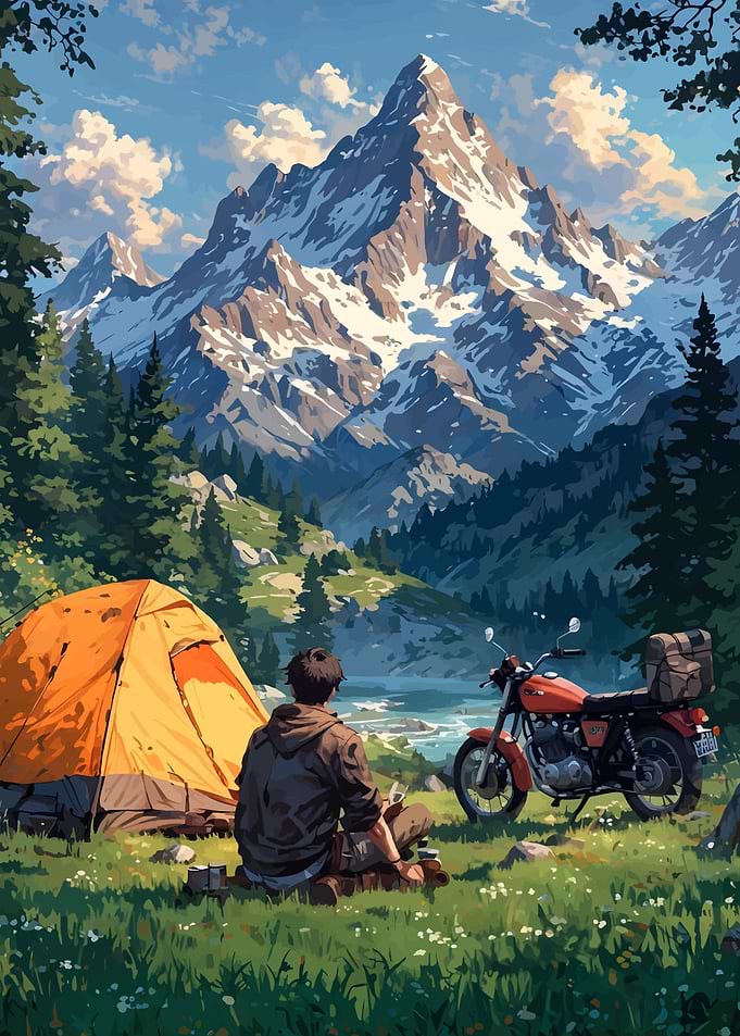 Camping with Motorcycle in Mountain Landscape