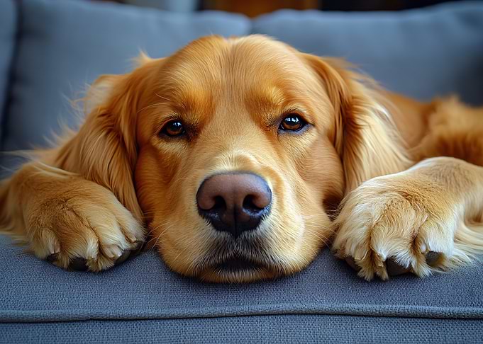 Golden Retriever Resting on Gray Couch