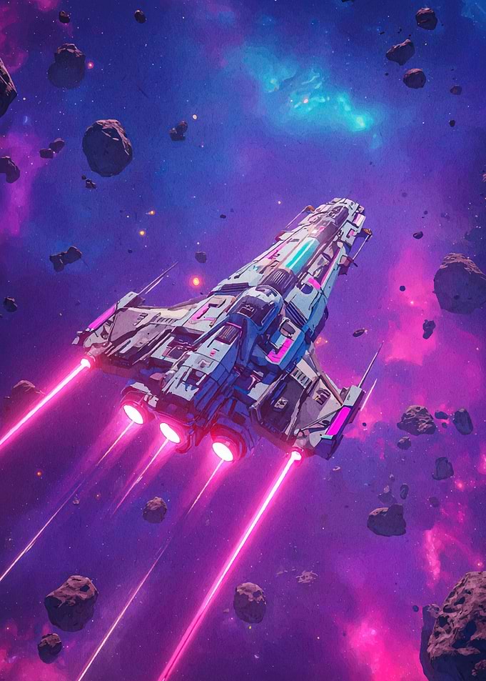 Spaceship flying through asteroid field