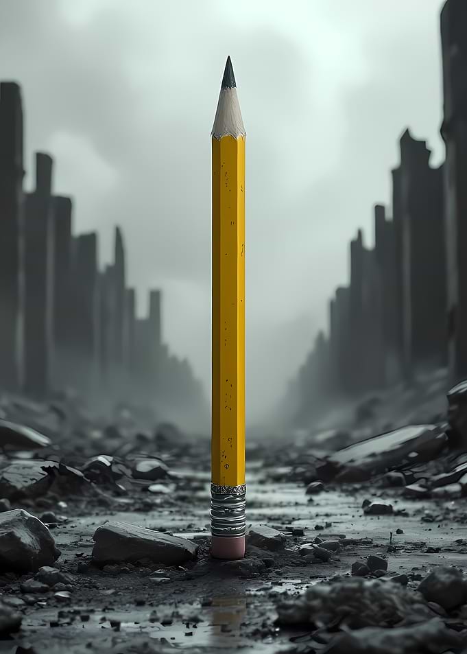 Pencil in a ruined cityscape