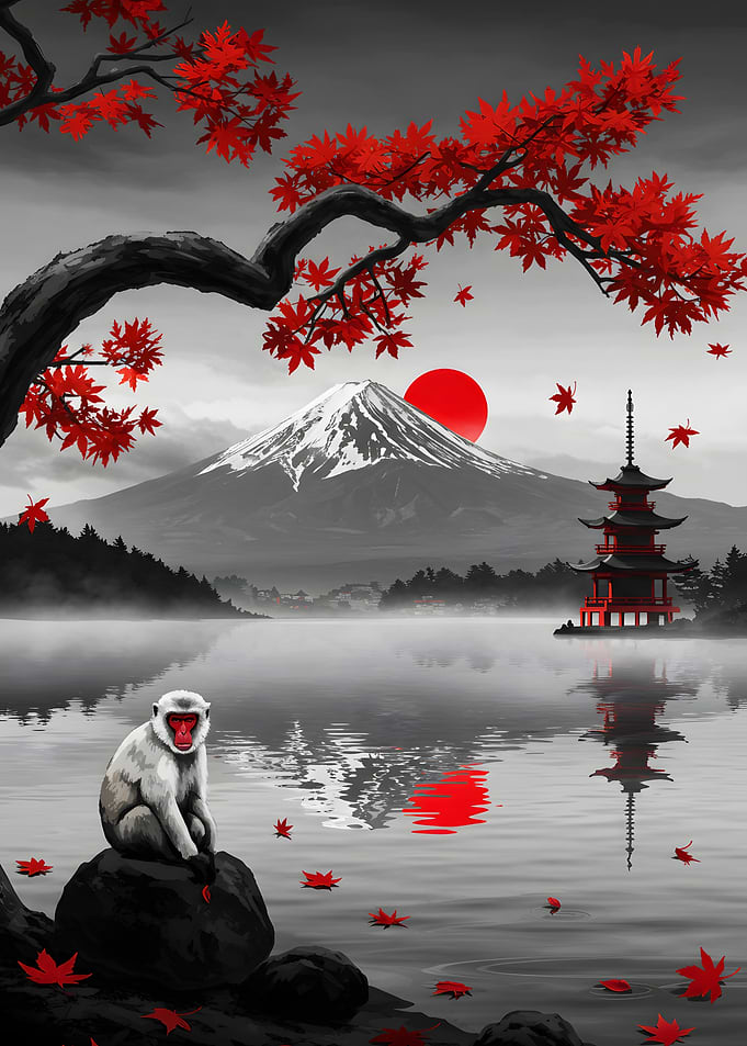 Japanese Landscape with Monkey and Pagoda