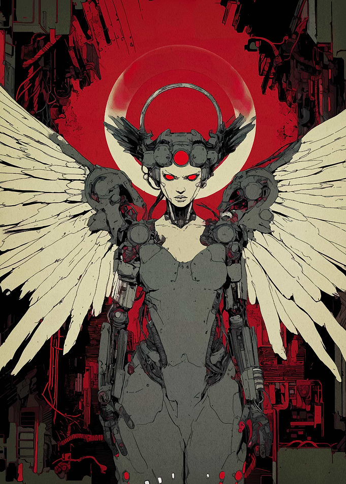 Cybernetic Angel with Red Accents