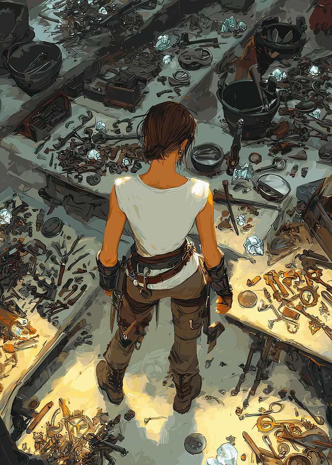 Adventurer surrounded by tools and treasures