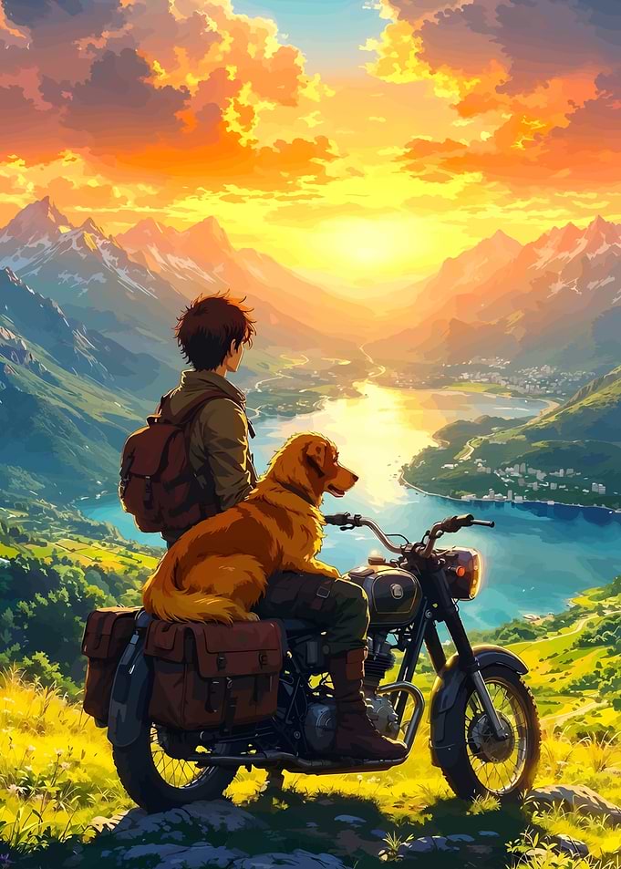 Motorcycle Adventure with Dog at Sunset