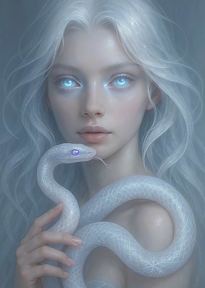Ethereal Ice Spirit Woman with Glowing Blue Eyes and Crystalline Snake