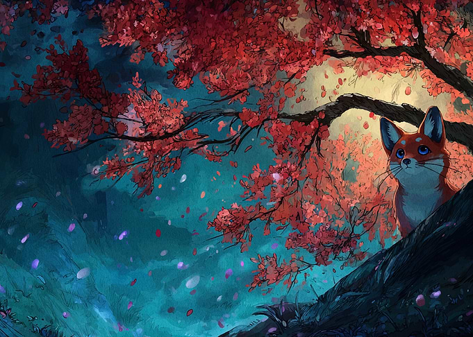 Fox under a blossoming tree