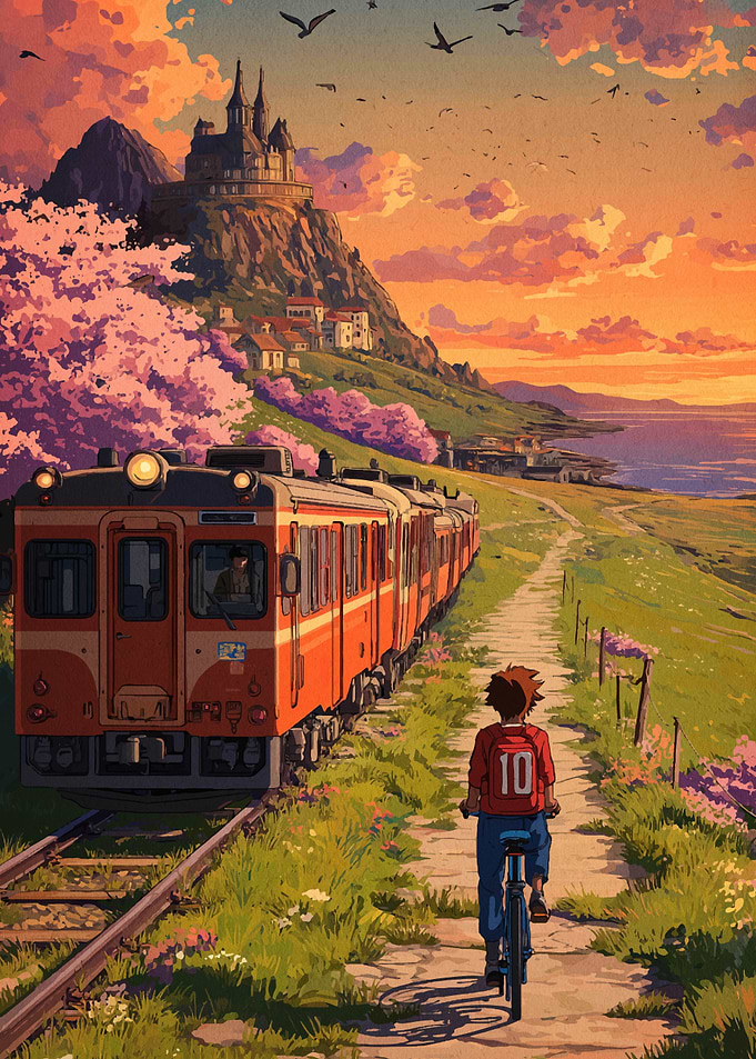 Anime Landscape with Train and Cyclist